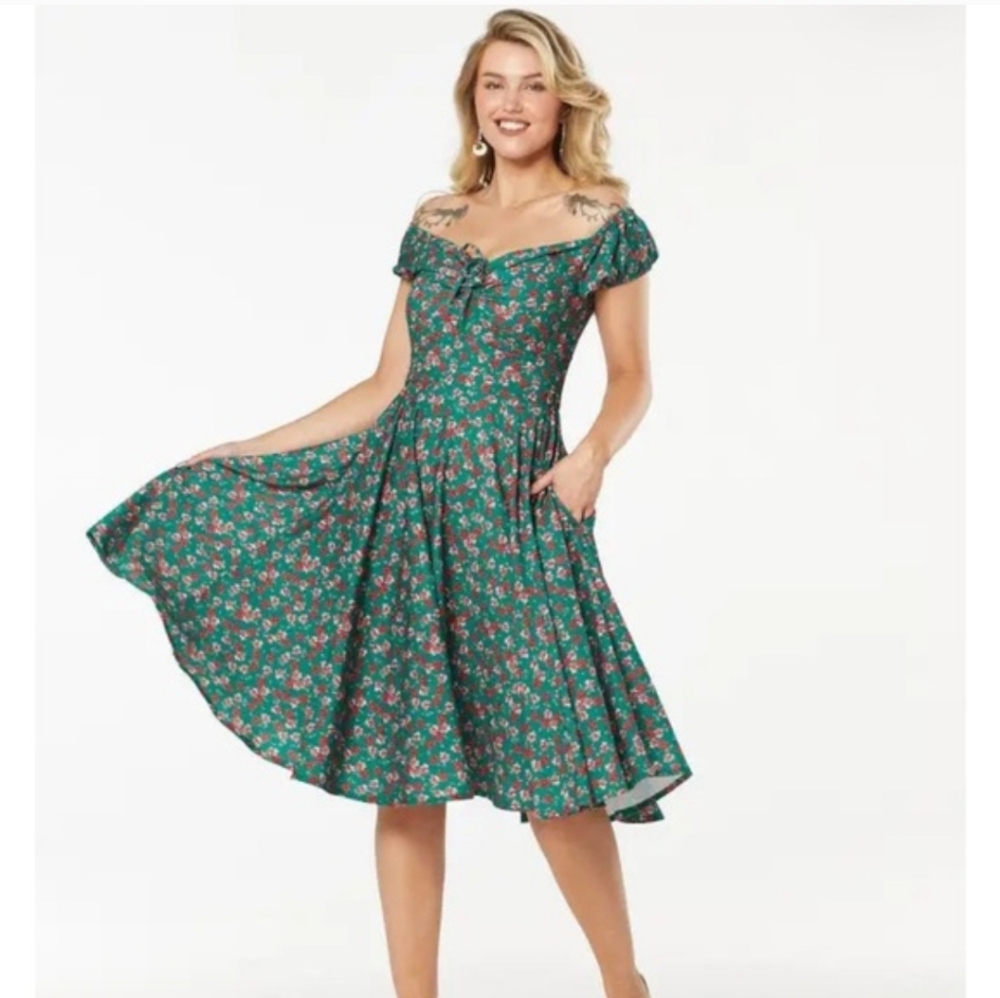 Floral Green Midi Swing Dress